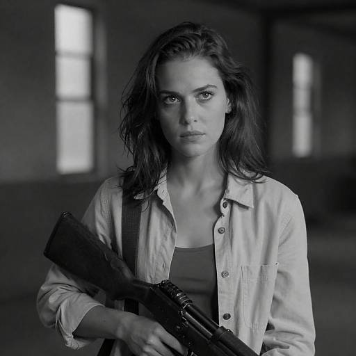 Monochrome Woman Holding Rifle in Factory