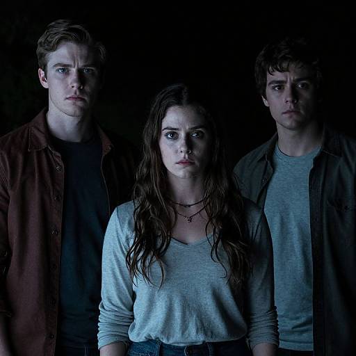 Photograph of three young, somber-faced individuals in dim lighting; center girl with wet hair, blue shirt, flanked by two boys in dark