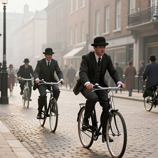 Photograph of three men in black suits and bowler hats riding bicycles on a foggy, cobblestone street in an urban setting.