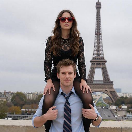 Couple in front of Eiffel Tower in Paris