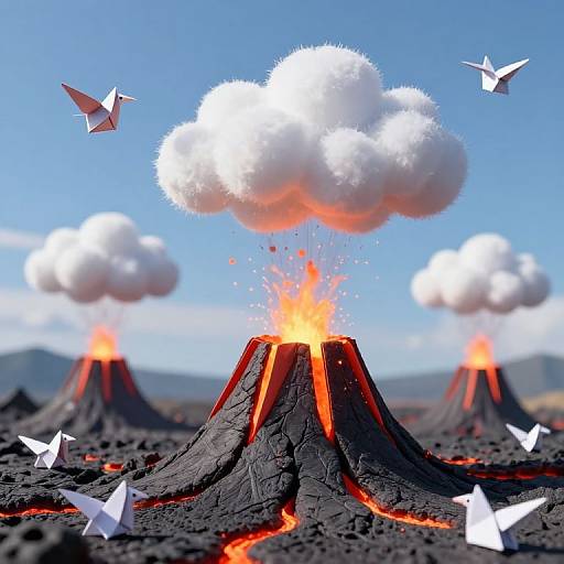Photograph-style CGI of erupting volcanoes with bright orange lava and white clouds, surrounded by floating white paper airplanes against a clear blue sky.