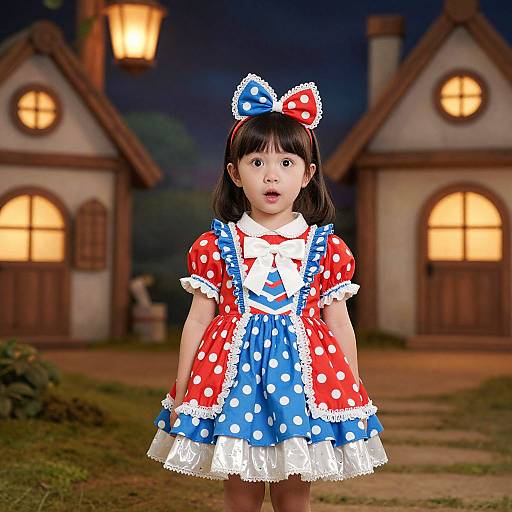 Photograph of an Asian girl in a red and blue polka dot Alice in Wonderland dress, standing in front of a lit, rustic house at night