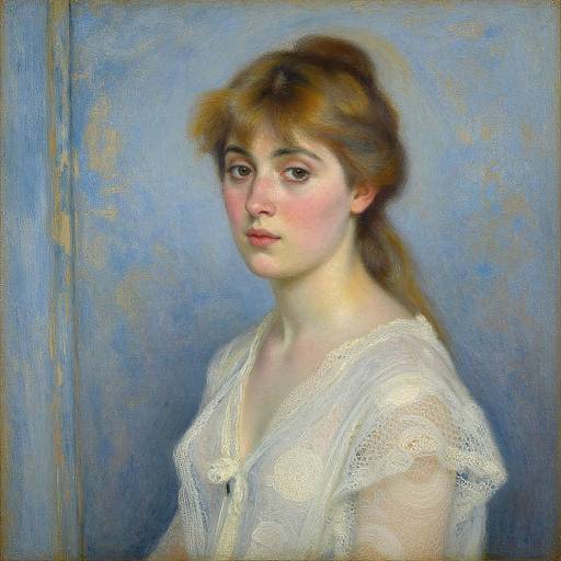 Impressionist-style painting of a young woman with fair skin, light brown hair, and pink cheeks, wearing a white lace blouse, against a blue