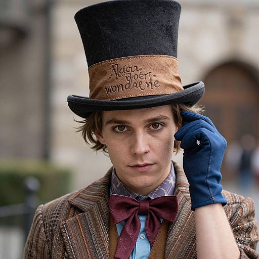 Photograph of a young man with brown hair, wearing a black top hat with 