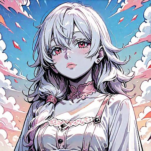 Digital anime-style drawing of a pale-skinned, white-haired woman with pink eyes, wearing a white blouse with lace and black buttons, set against a