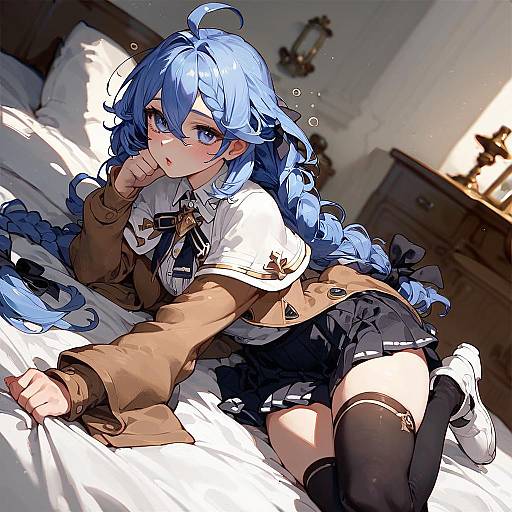 Anime-style digital illustration of a blue-haired girl with long braids, wearing a school uniform, lying on a bed in a sunlit bedroom, with