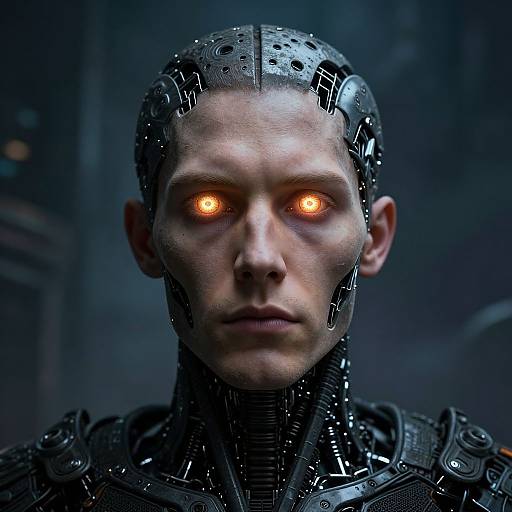 Cybernetic human with glowing orange eyes, mechanical hair, and intricate black circuitry on face and neck, in dark, futuristic setting.