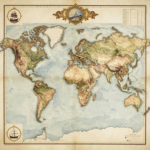 Artistic 1800 World Map with Colonial Flair