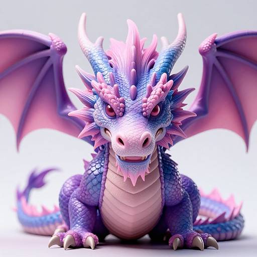 CGI image of a vibrant purple and blue dragon with pink accents, pink wings, and spiked frills, looking forward with a friendly expression. Bright
