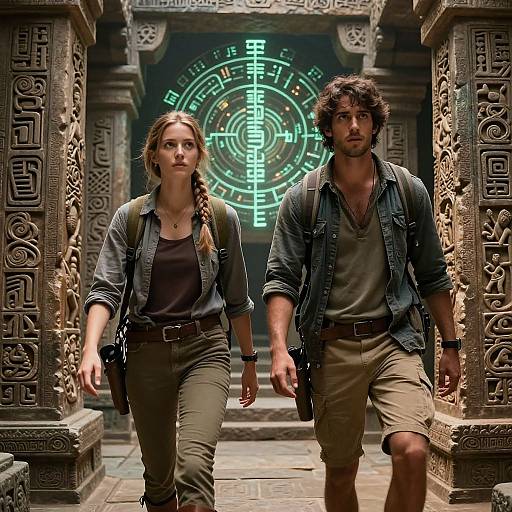 Photograph of a rugged, curly-haired man and a determined woman with braided hair, wearing outdoor gear, walking through an ancient, ornately carved