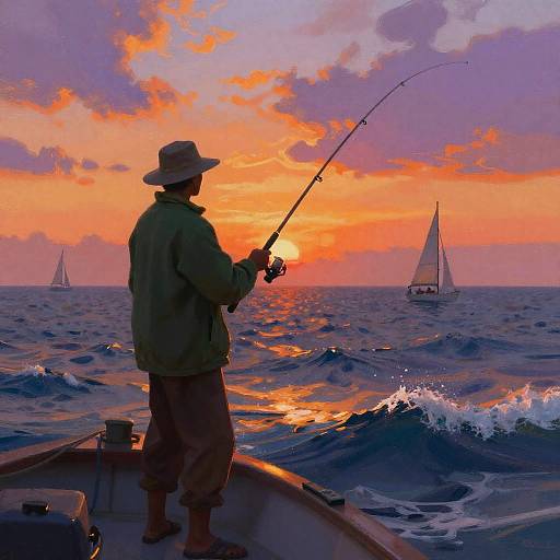 Vibrant Sunset Fisherman Scene