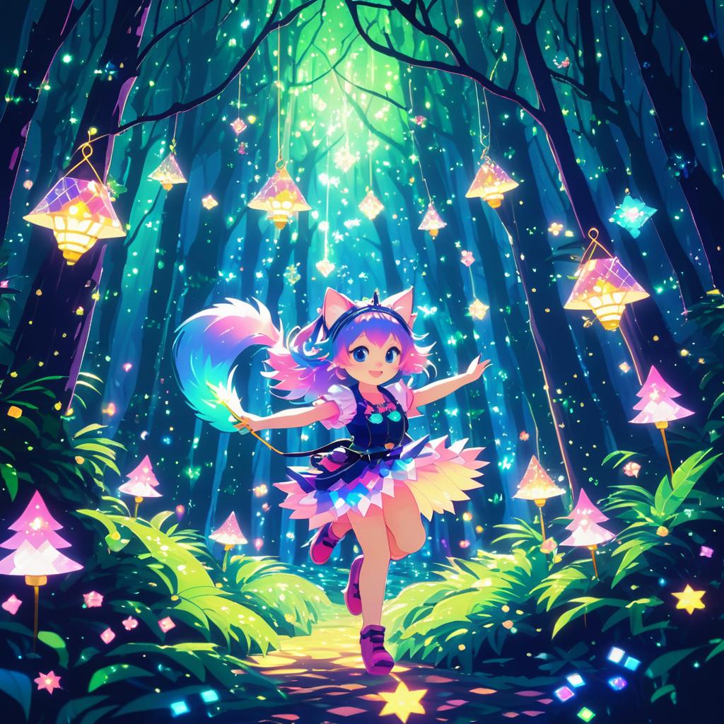 Cheerful Cat Girl in Fantasy Forest