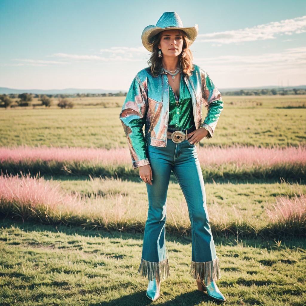 Vibrant 70s Disco Cowgirl in Field