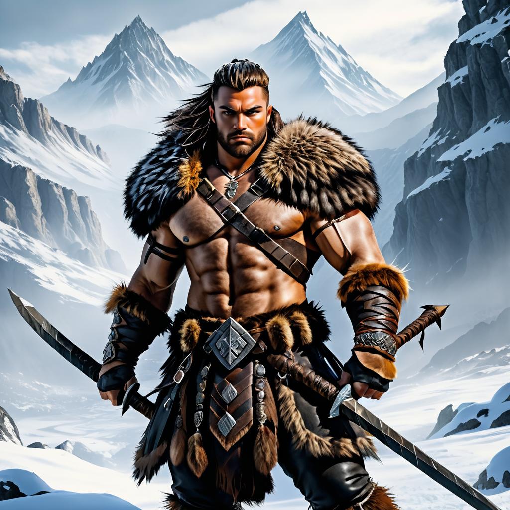 Epic Fantasy Barbarian in Snowy Landscape