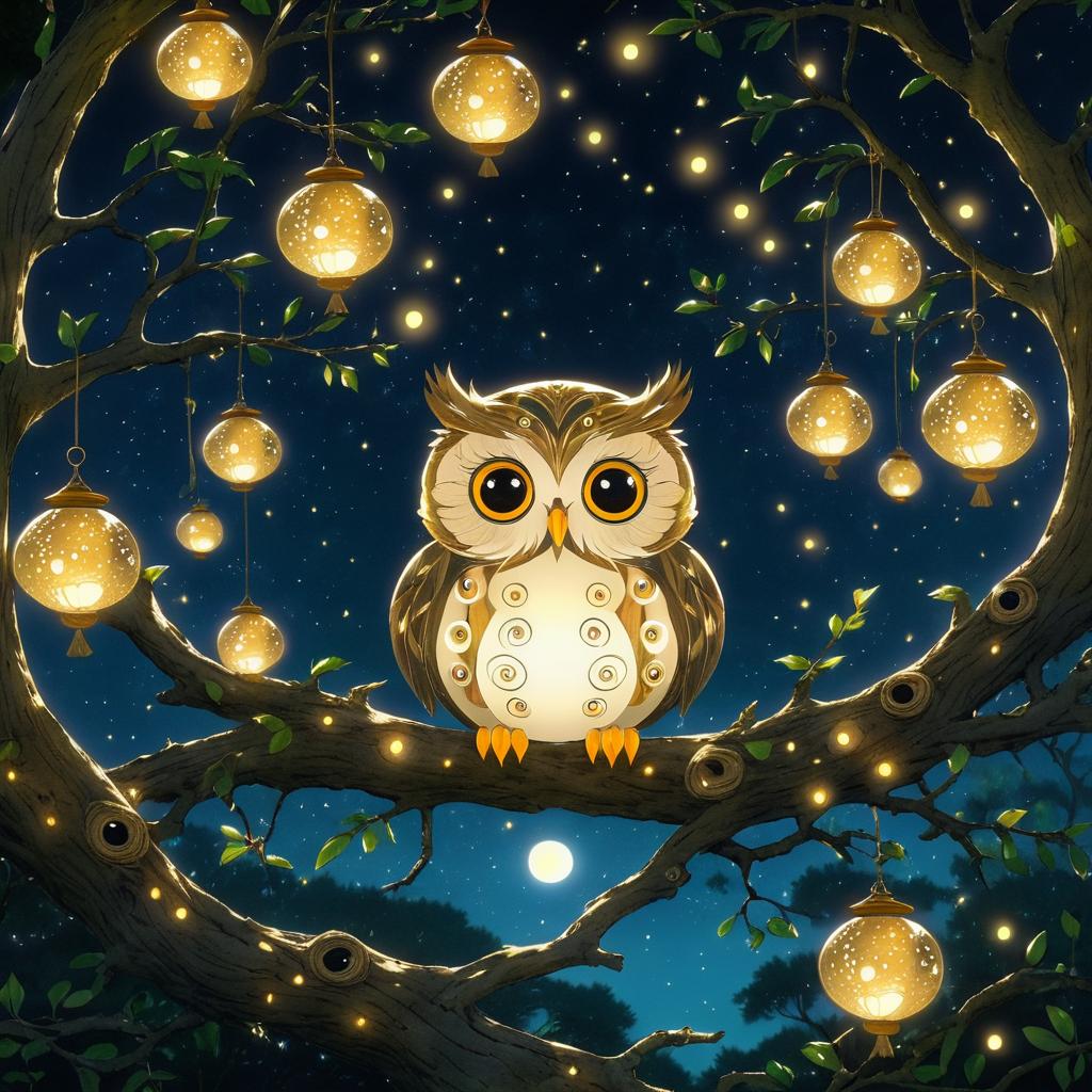 Whimsical Owl in Enchanted Oak Tree