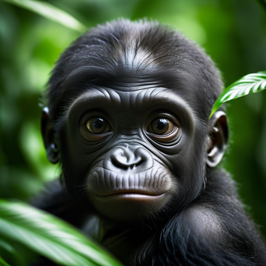 Cinematic Baby Gorilla in Lush Jungle