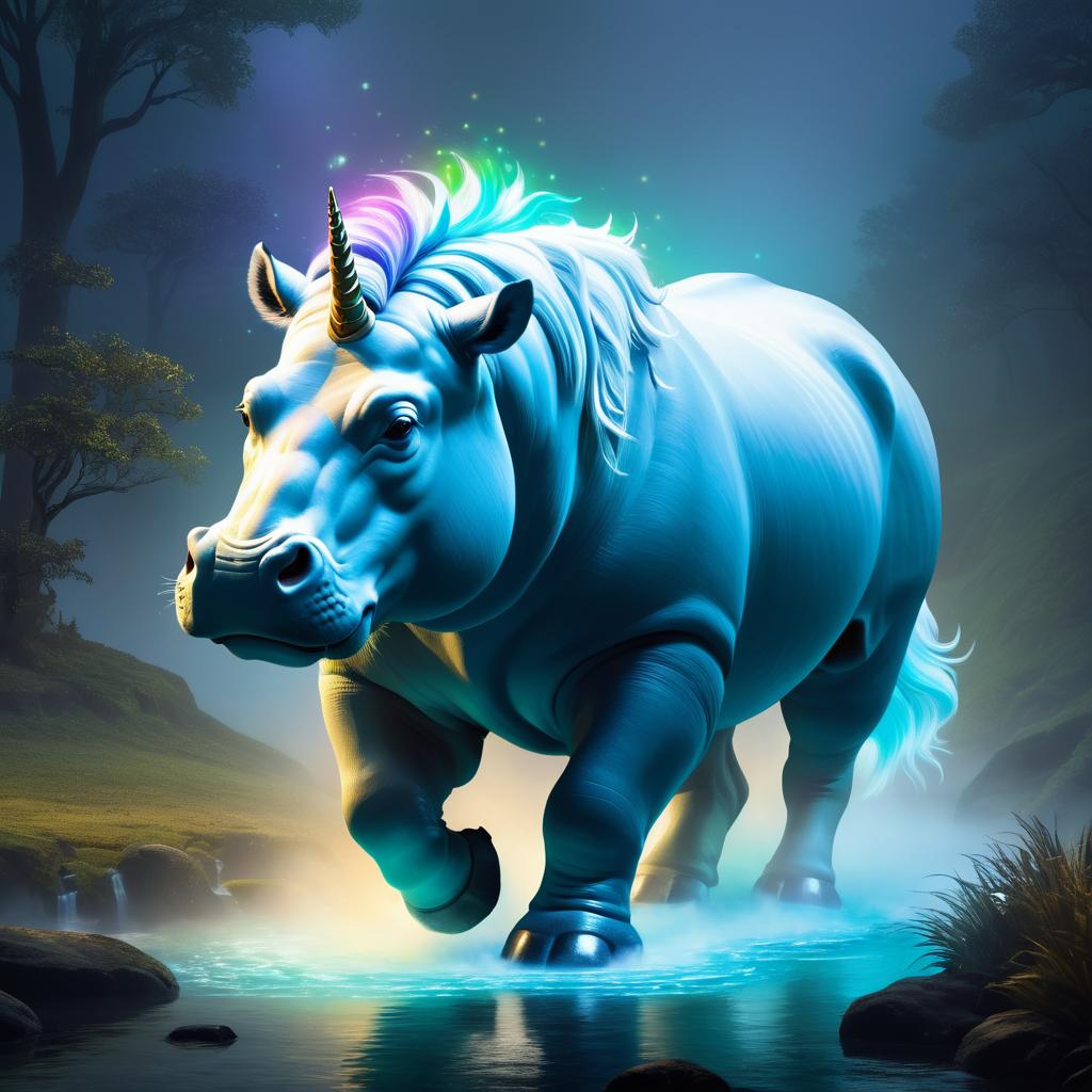 Majestic Unicorn-Hippopotamus in Misty Valley