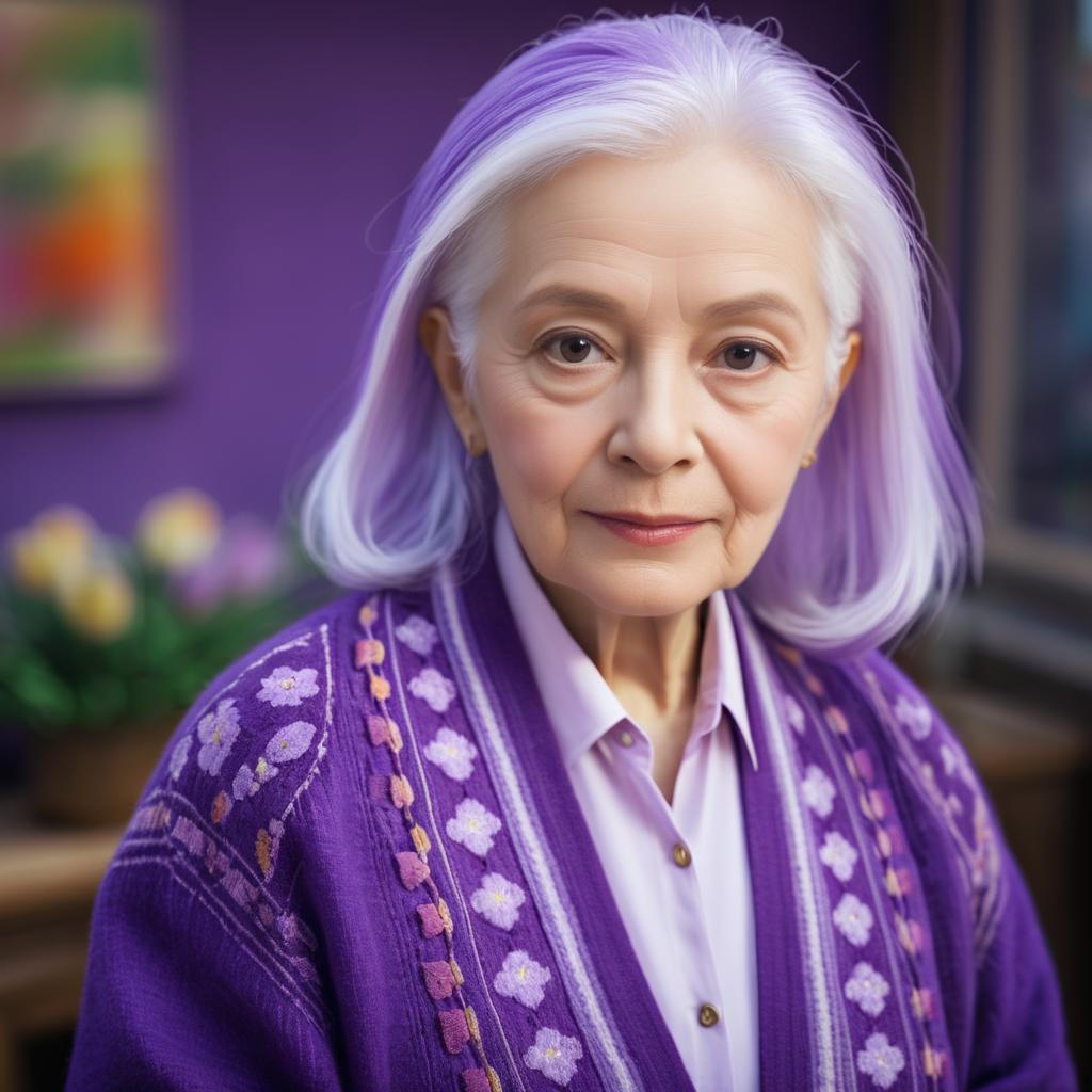 Elderly Woman in Purple Cardigan Portrait