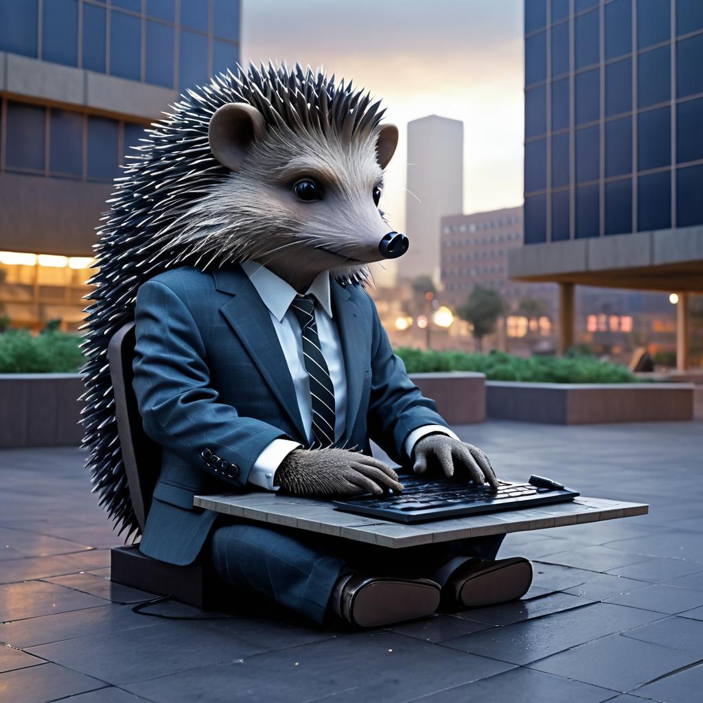 Surreal Hedgehog in Suit at Computer