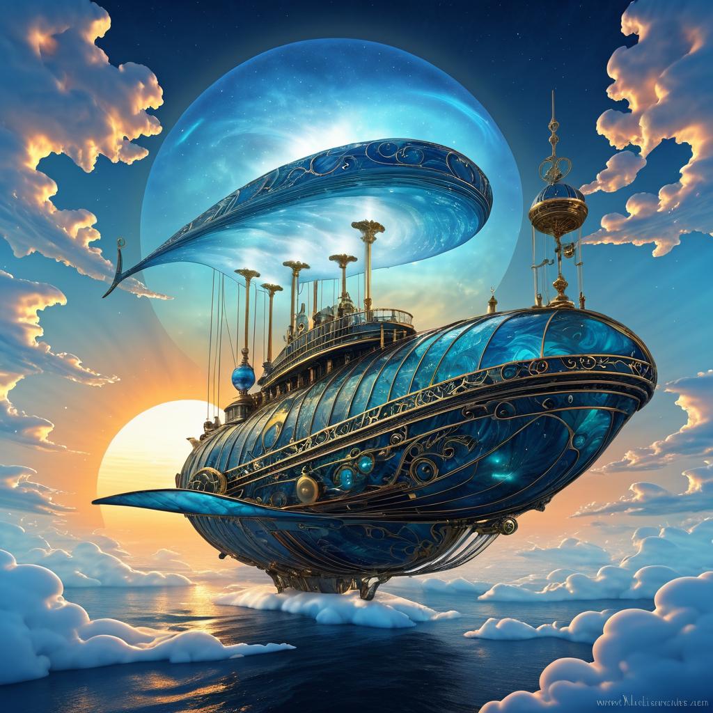 Surreal Mechanical Whale in Cloudy Dawn