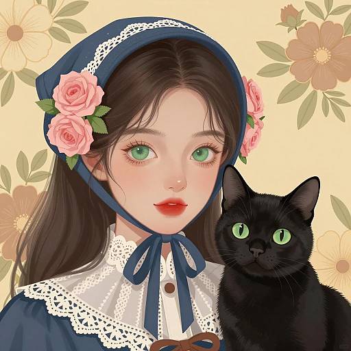 Young Woman with Blue Bonnet and Black Cat