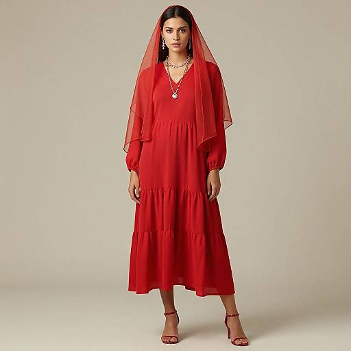 Woman in Red Dress with Veil