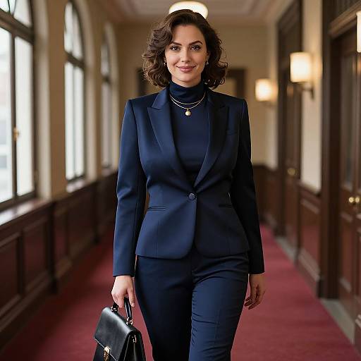Photograph of a smiling woman with curly brown hair, wearing a navy blue suit and necklace, carrying a black handbag, walking down a red-car