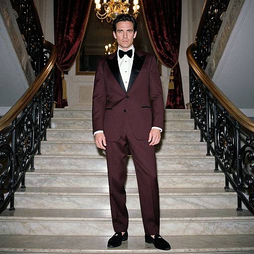 Photograph of a serious, dark-haired man in a black tuxedo with white shirt and black bow tie, standing on ornate marble staircase,