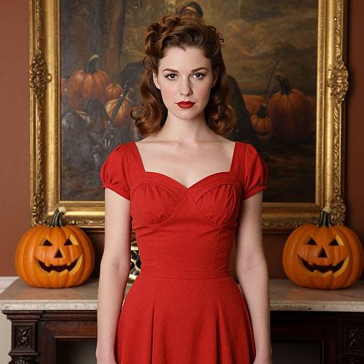 Photograph of a fair-skinned woman with red lipstick, wearing a red vintage dress, standing in front of a framed painting with two carved pumpkins