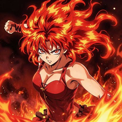 Dynamic anime-style digital drawing of a fierce, red-haired woman with fiery hair and eyes, wearing a red, strapless top, surrounded by bright flames
