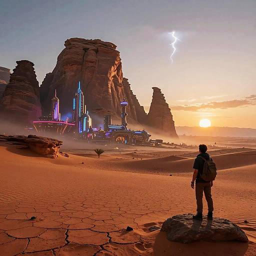 Photograph of a lone figure in desert, standing on rock, observing futuristic city with neon lights and lightning at sunset.