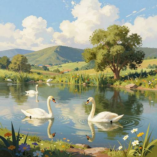 Serene Landscape with Swans and Hills