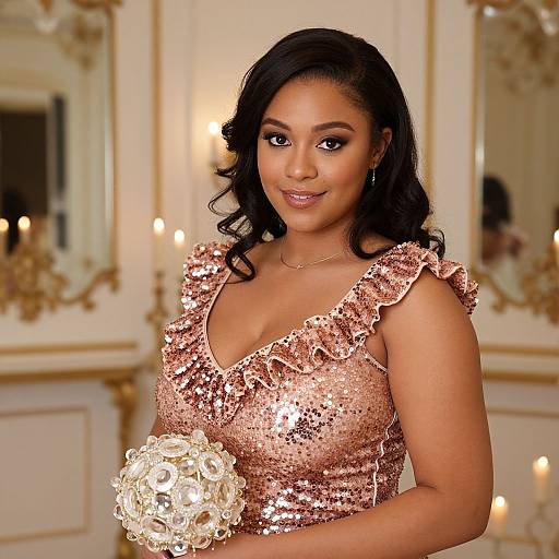 Photograph of a beautiful Black woman with dark wavy hair, wearing a shimmering rose-gold sequin dress, holding a bouquet, in an