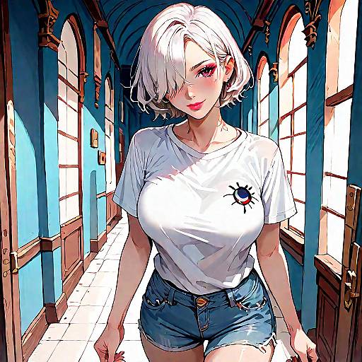 Digital anime-style drawing of a white-haired woman with red eyes, wearing a white t-shirt and denim shorts, in a sunlit, arched hallway