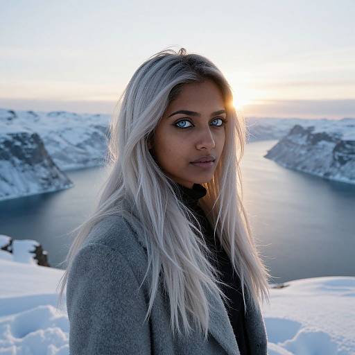 Photograph of a blonde woman with blue eyes, wearing a gray coat, standing in snowy landscape with fjord and mountains at sunset.