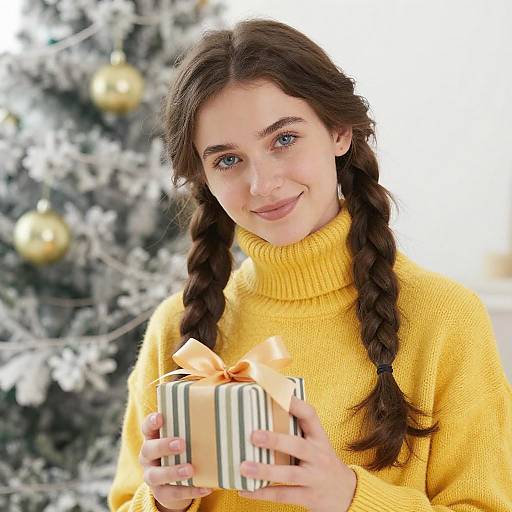 Cheerful Young Woman with Gift in Winter