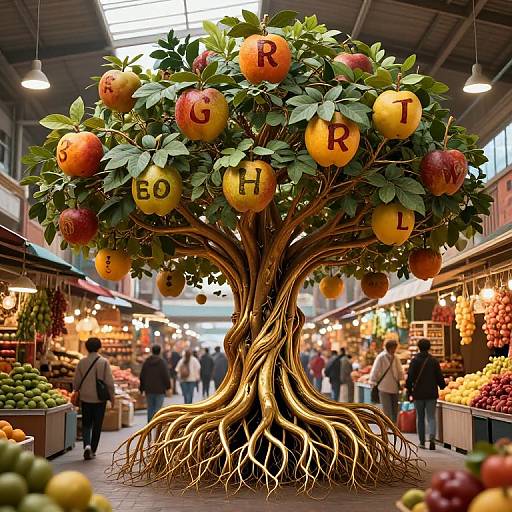 Photograph of a market tree with large apples labeled 
