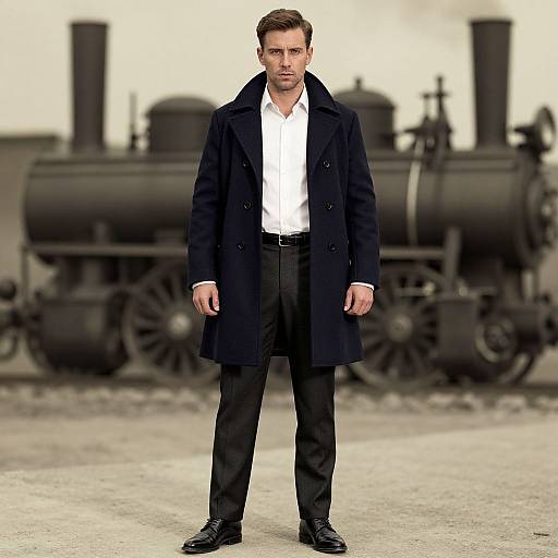 Photograph of a serious, white, medium-build man in a black coat, white shirt, black pants, standing in front of a vintage black steam