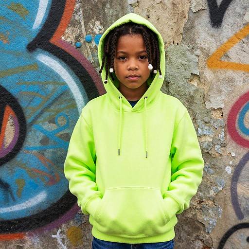 Photograph of a young Black girl with braided hair, wearing a bright neon green hoodie, standing against a graffiti-covered concrete wall.
