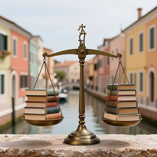 Photograph of a balanced bronze scale with two stacks of colorful books on either side, set against a picturesque canal in a European town with pastel-colored