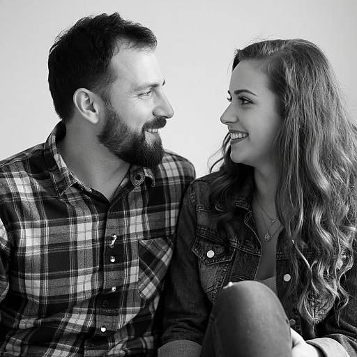 Black-and-white photograph of a bearded man and smiling woman with long hair, both wearing plaid shirts, gazing at each other lovingly.