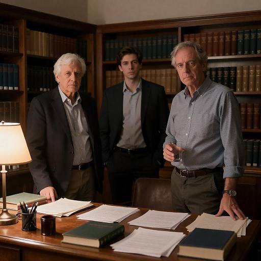 Three Men in Dimly Lit Library Office