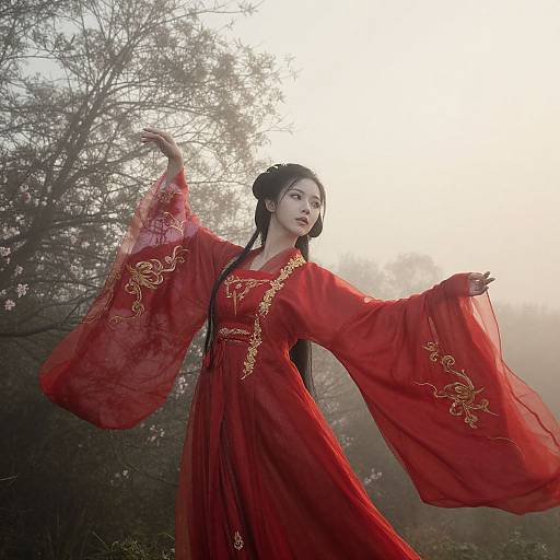 Photograph of an Asian woman in a flowing red traditional dress with gold embroidery, standing gracefully in a misty forest.