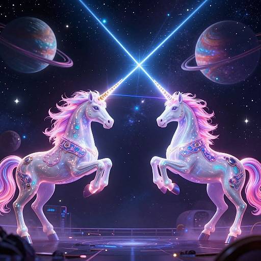 Digital artwork of two glowing, neon-colored unicorns with pink manes and tails, levitating mid-prance, creating a bright, magical starburst