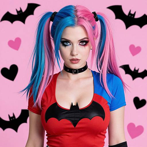 Photograph of a pale-skinned woman with blue and pink pigtails, wearing a red and blue Harley Quinn shirt, bat logo, black ch