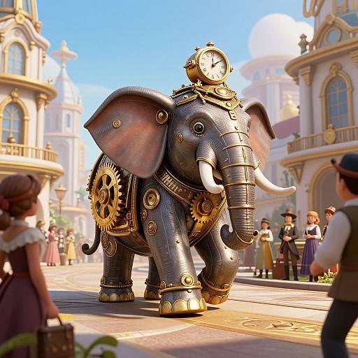 A steampunk-style mechanical elephant with a clock on its head, gears, and golden accents, stands in a sunny, ornate city square.