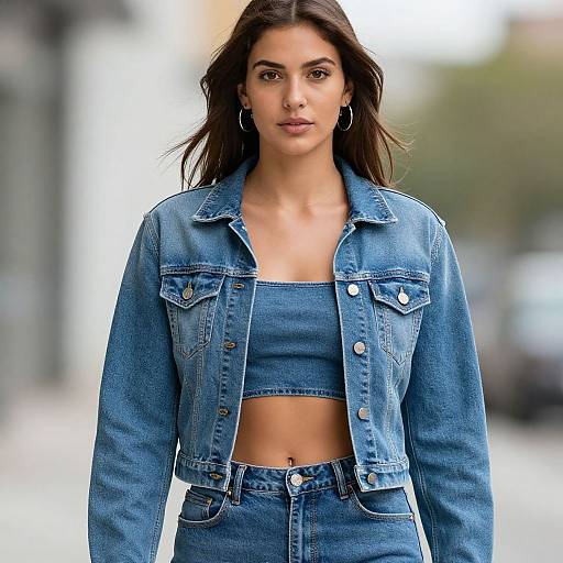 Photograph of a young woman with long dark hair, wearing a blue denim jacket over a matching crop top and high-waisted jeans, standing outdoors