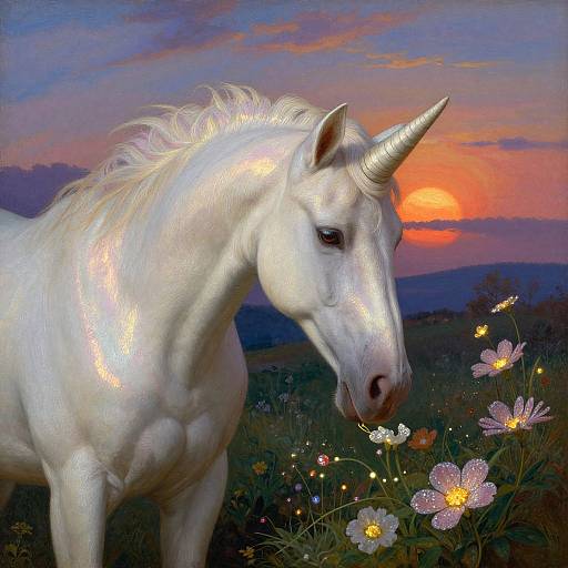 Photorealistic digital painting of a shimmering white unicorn with a glowing horn, grazing on colorful flowers at sunset.