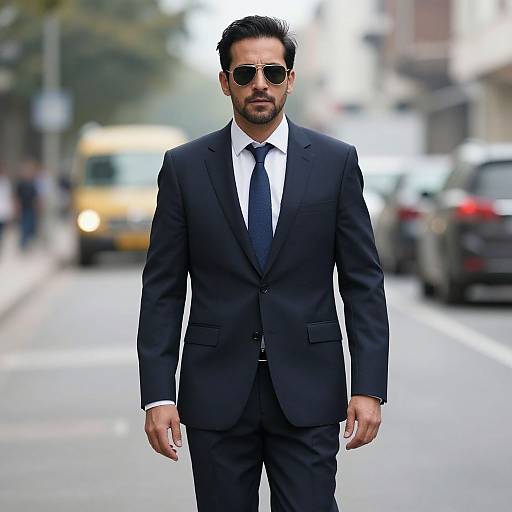 Photograph of a handsome, bearded man in a black suit, white shirt, and black tie, wearing aviator sunglasses, walking on a busy