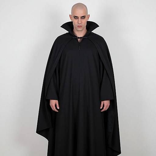 Photograph of a bald, pale-skinned man with dark makeup, wearing a black, high-collared cloak, standing against a plain white background
